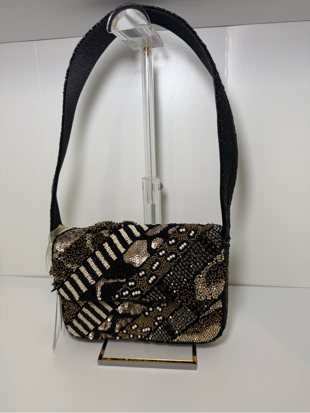 Embellished Beaded Shoulder Bag in Black and Gold